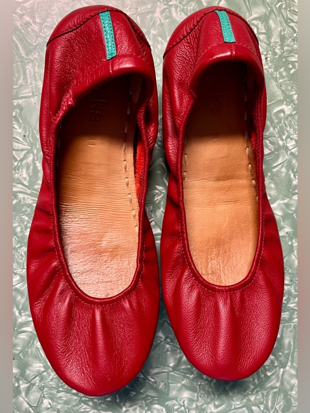 Tieks Red Leather Ballet Flats with Teal Accent Size 11